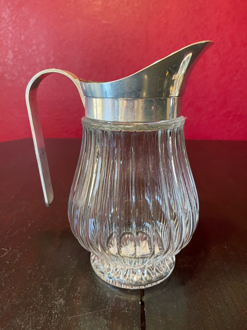 Vintage Italian Silverplated  Pitcher Ribbed Glass Mid Century Decorative 9 Inch